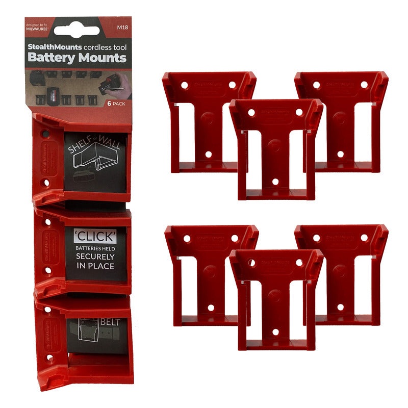 StealthMounts 6 Pack Battery Holders for Milwaukee M18 Batteries – Red