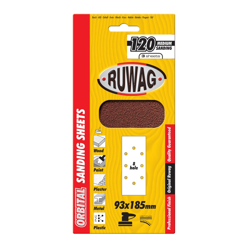 Orbital Sanding Sheets|93mm x 230mm P60 Holes 3 Pack|93mm x 230mm P80 3 Pack with holes|93mm x 230mm P120 3 Pack with holes|93mm x 230mm P180 3 Pack with holes|115mm x 280mm P60 3 Pack with holes|115mm x 280mm P120 3 Pack with holes|115mm x 280mm P180 3 P