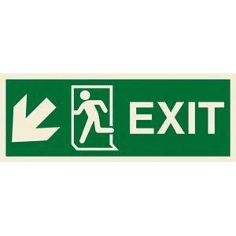Marine Direction Sign: EXIT + Running man symbol + Arrow diagonally down left