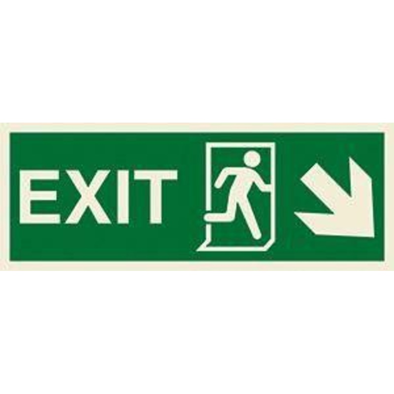 Marine Direction Sign: EXIT + Running man symbol + Arrow diagonally down right