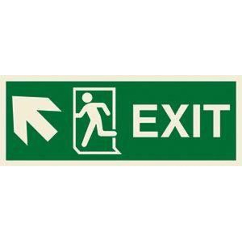 Marine Direction Sign: EXIT + Running man symbol + Arrow diagonally up left