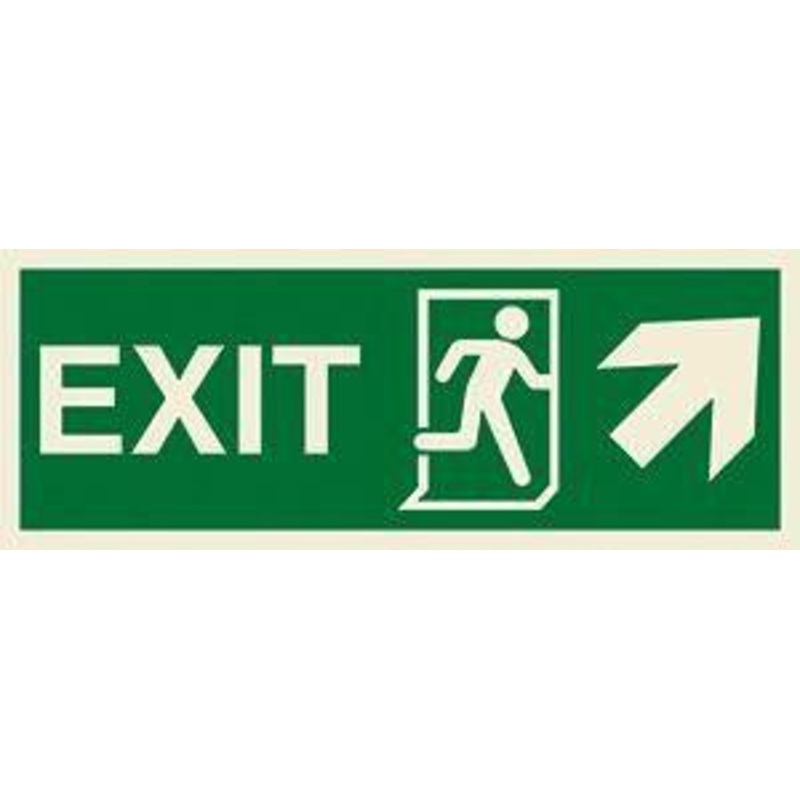 Marine Direction Sign: EXIT + Running man symbol + Arrow diagonally up right
