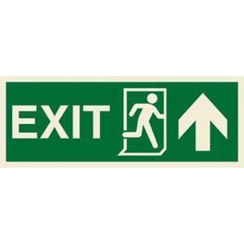 Marine Direction Sign: EXIT + Running man symbol + Arrow up on right