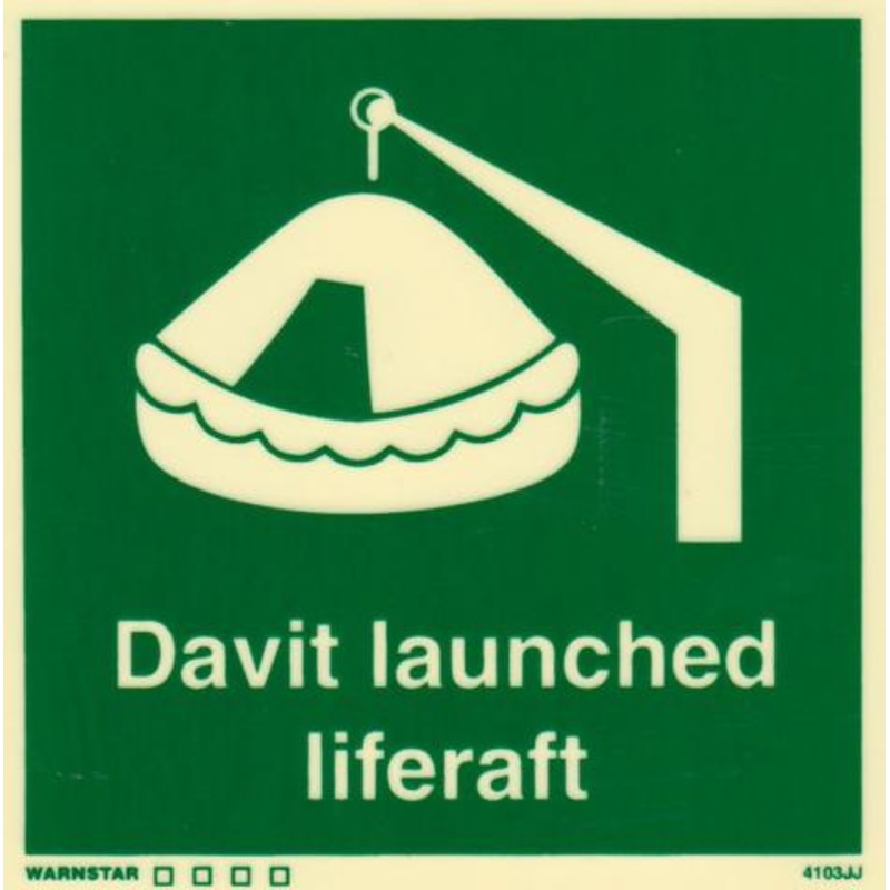 Marine Safety Sign, IMO Life Saving App. Symbol: Davit Launched Liferaft – With Text