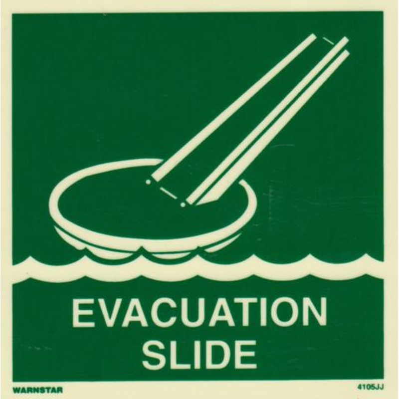 Marine Safety Sign, IMO Life Saving App. Symbol: Evacuation Slide – With Text