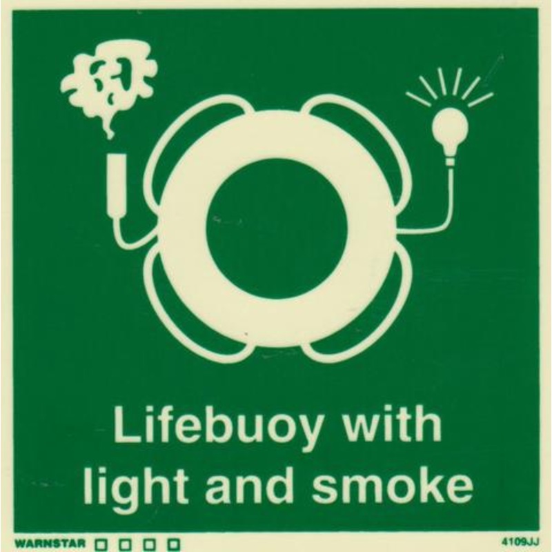 Marine Safety Sign, IMO Life Saving App. Symbol: Lifebuoy With Light & Smoke – With Text