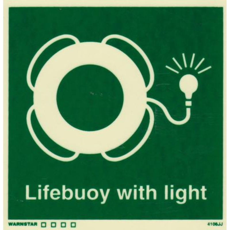 Marine Safety Sign, IMO Life Saving App. Symbol: Lifebuoy With Light – With Text