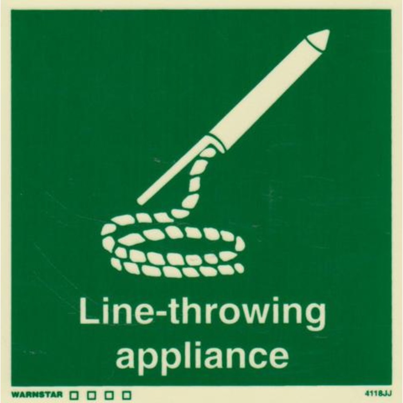 Marine Safety Sign, IMO Life Saving App. Symbol: Line-Throwing Appliance – With Text