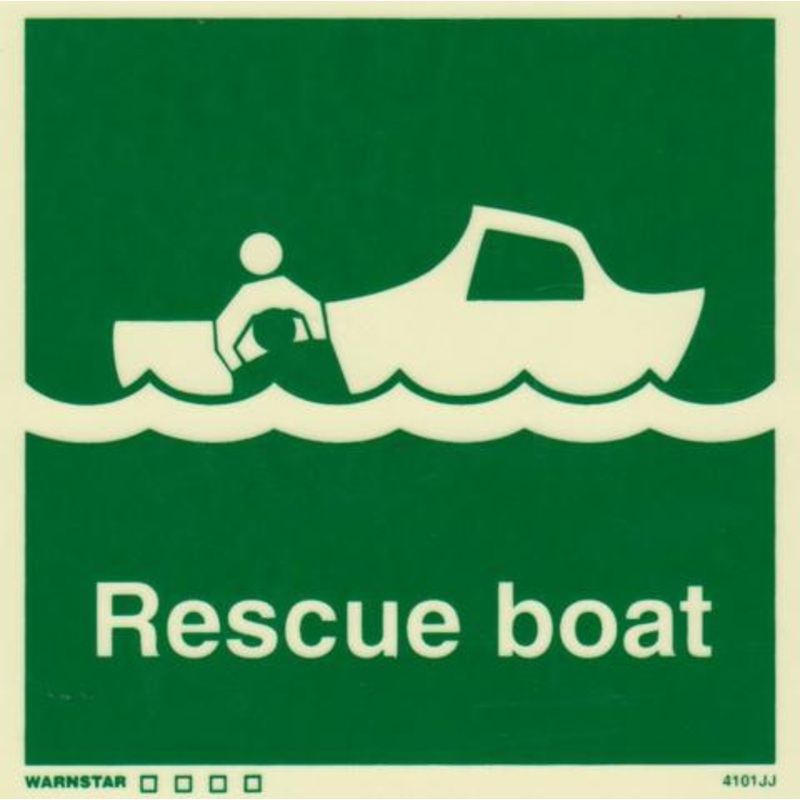 Marine Safety Sign, IMO Life Saving App. Symbol: Rescue Boat – With Text