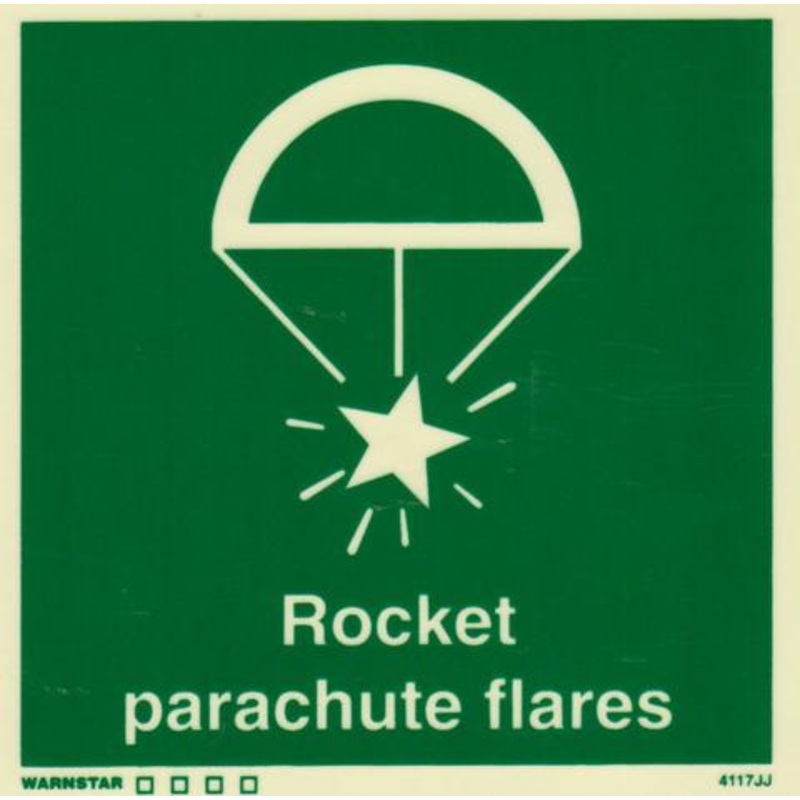 Marine Safety Sign, IMO Life Saving App. Symbol: Rocket Parachute Flares – With Text