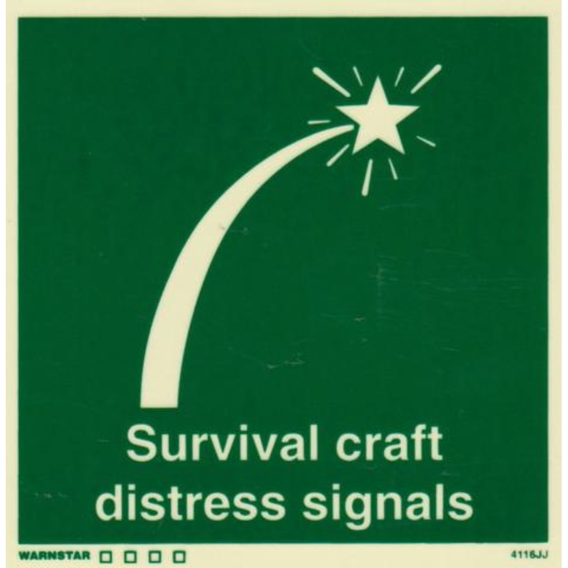 Marine Safety Sign, IMO Life Saving App. Symbol: Survival Craft Distress Signals – With Text
