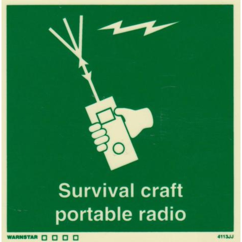 Marine Safety Sign, IMO Life Saving App. Symbol: Survival Craft Portable Radio – With Text