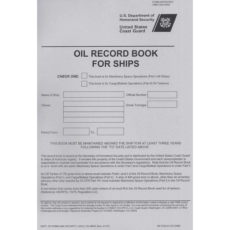 USCG OIL RECORD BOOK FOR SHIPS (REVISED 11-16)