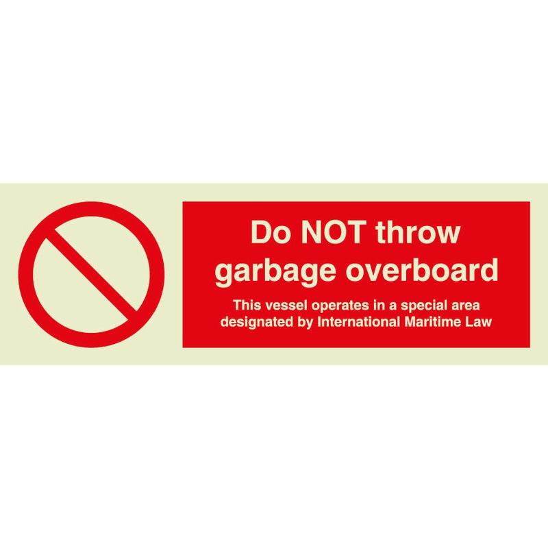 MARINE PROHIBITION SIGN: DO NOT THROW GARBAGE OVERBOARD + SYMBOL – 200mm x 150mm