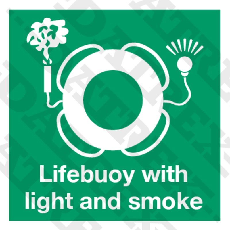 IMO LIFESAVING SIGNS Lifebuoy with light and smoke with text – 150mm x 150mm