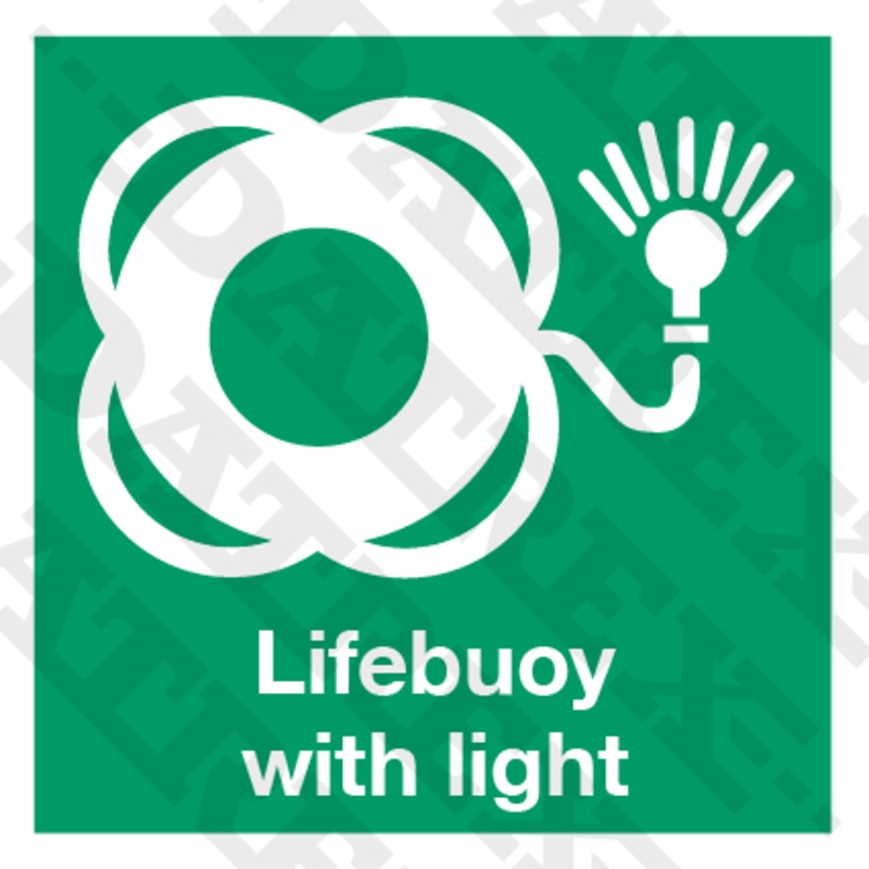 IMO LIFESAVING SIGNS Lifebuoy with light with text – 150mm x 150mm