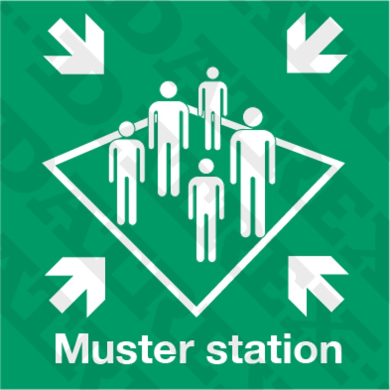IMO LIFESAVING SIGNS Muster station with text – 150mm x 150mm