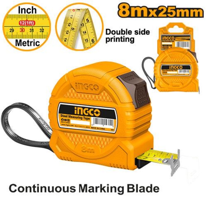 INGCO 8m x 25mm Steel Measuring Tape – One-Button Lock | HSMT39825