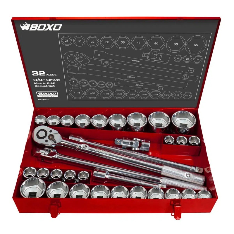 32-Piece Metric & SAE 3/4 Drive 6-Point Socket Set And Ratchet