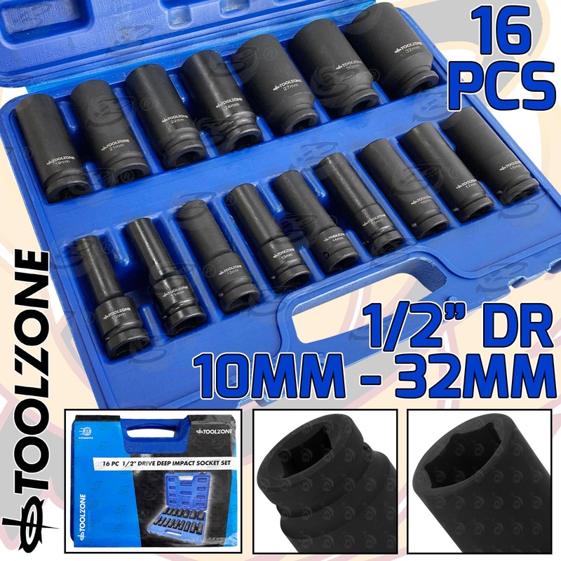 TOOLZONE 16PCS 1/2 DRIVE 6 POINT DEEP IMPACT SOCKETS 10MM – 32MM