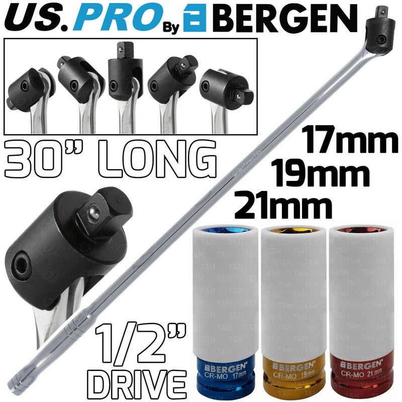 US PRO 1/2 DRIVE 30 LONG BREAKER BAR & 3PCS 6 POINT ALLOY WHEEL NUT SOCKETS 17MM – 19MM – 21MM