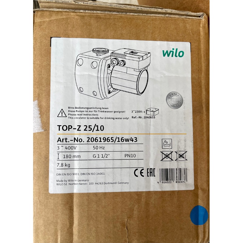 WILO TOP-Z 25/10 BRONZE DRINKING WATER CIRCULATION PUMP 2061965 400v #3104