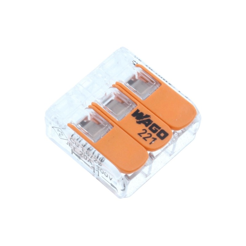 Wago 3 Way Compact Lever Connector – Box of 50 – Clear/Orange – 221-413