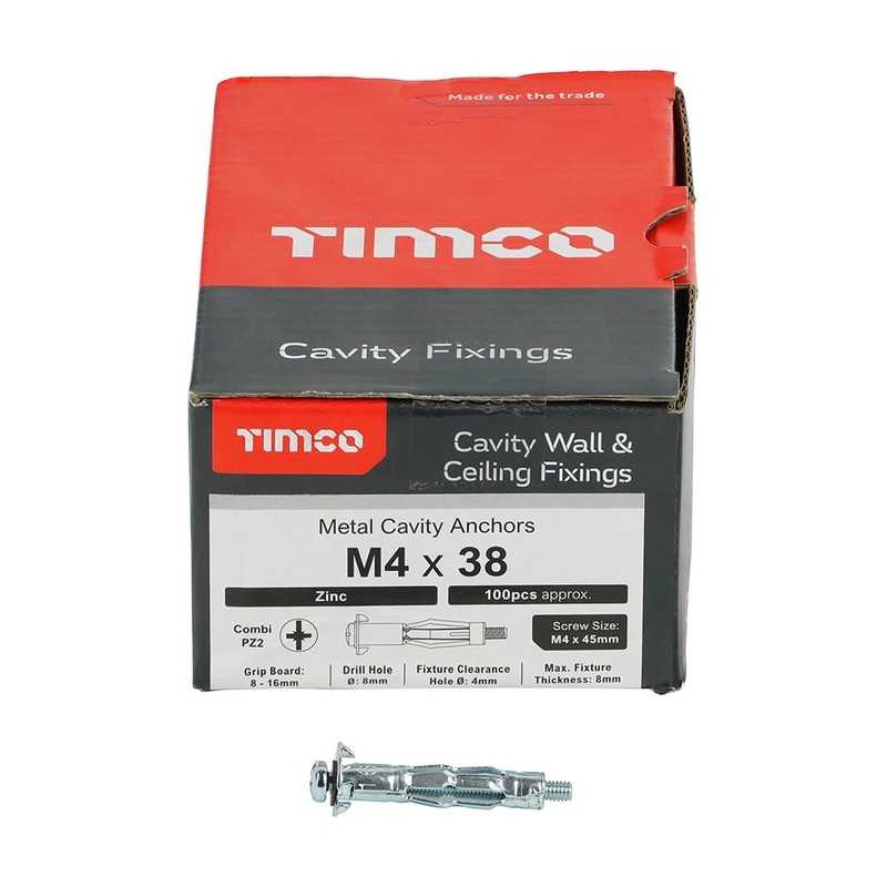 Timco Metal Cavity Anchors Zinc M4 X 38 (45mm Screw) 40038CA