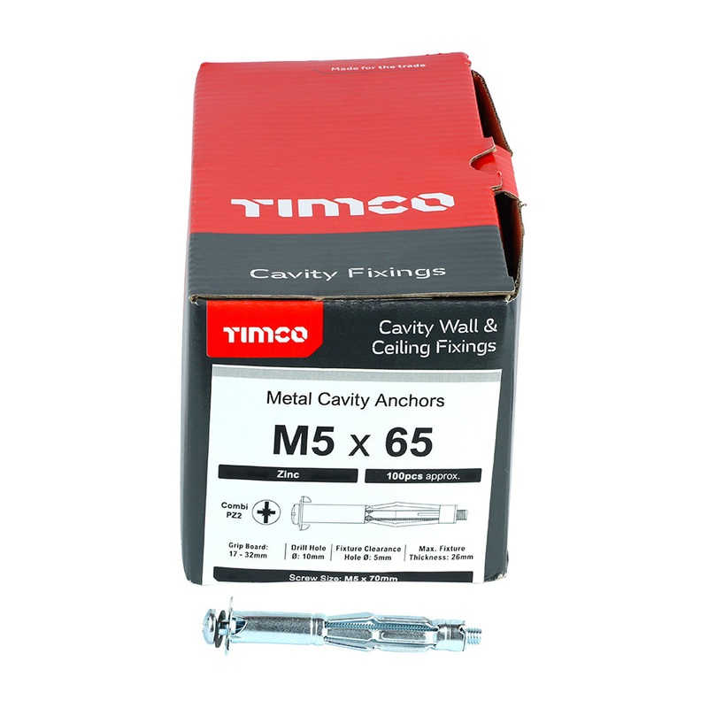 Timco Metal Cavity Anchors Zinc M5 X 65 (70mm Screw) 50065CA