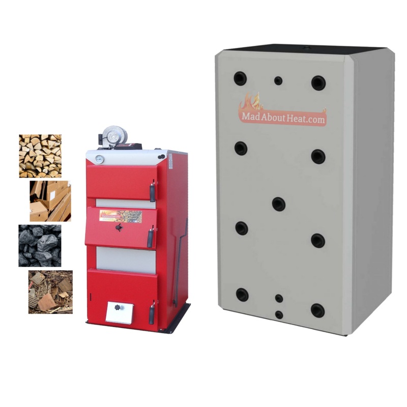 Log boiler, biomass central heating, 30kW and 1000 litre buffer tank.