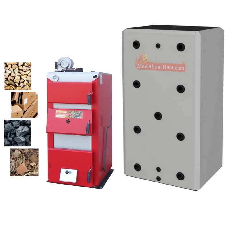 Log burner, solid fuel boiler, 40kW and 1000 litre buffer tank.